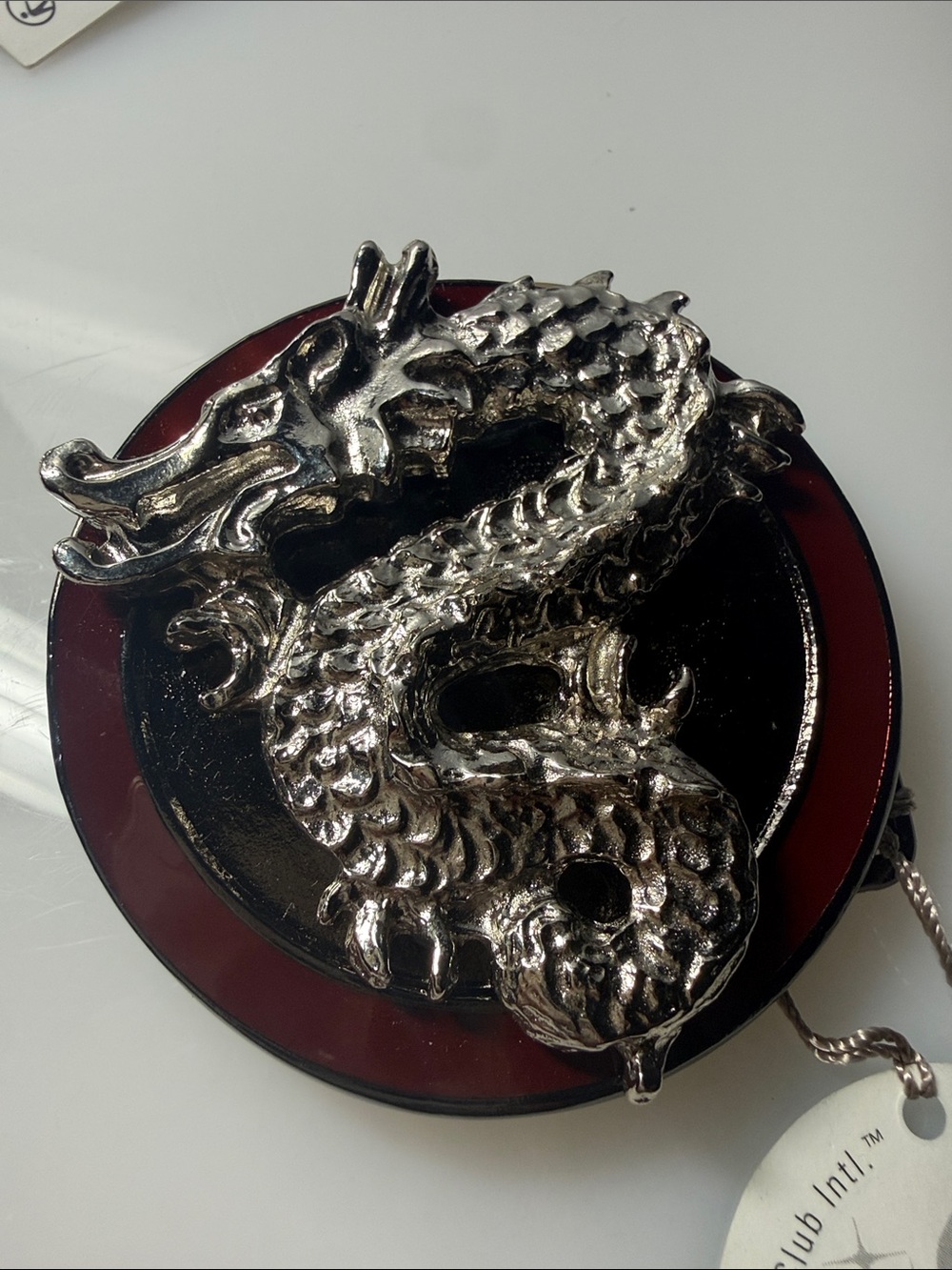 ECI Silver Dragon Round Belt Buckle with Black and Dark Red Enamel